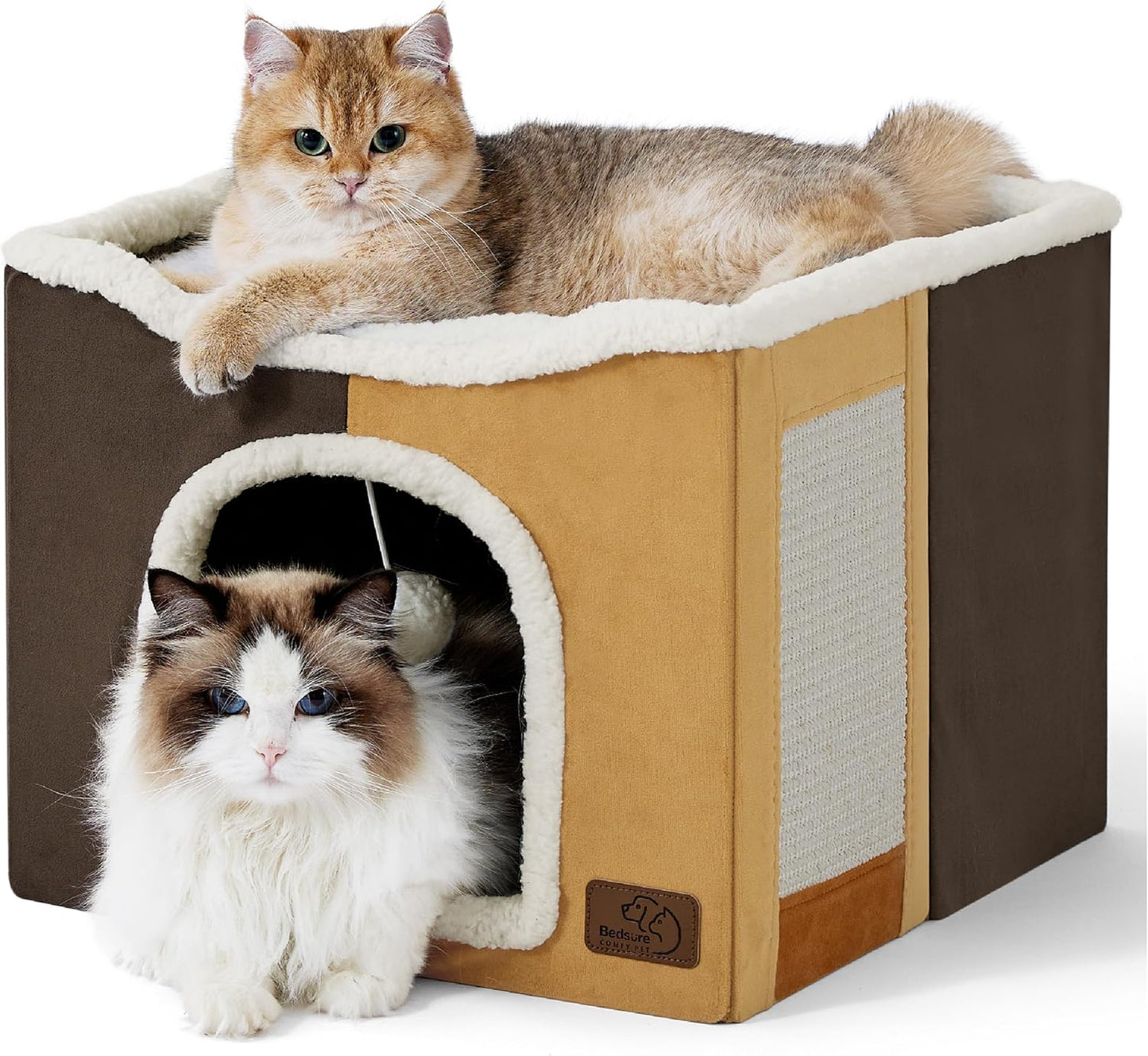 Bedsure Cat Beds for Indoor Cats - Large Cat Cave for Pet Cat House with Fluffy Ball Hanging and Scratch Pad, Foldable Cat Hideaway, 16.5x16.5x13 inches, Burnt Honeycomb - Pet Explorer