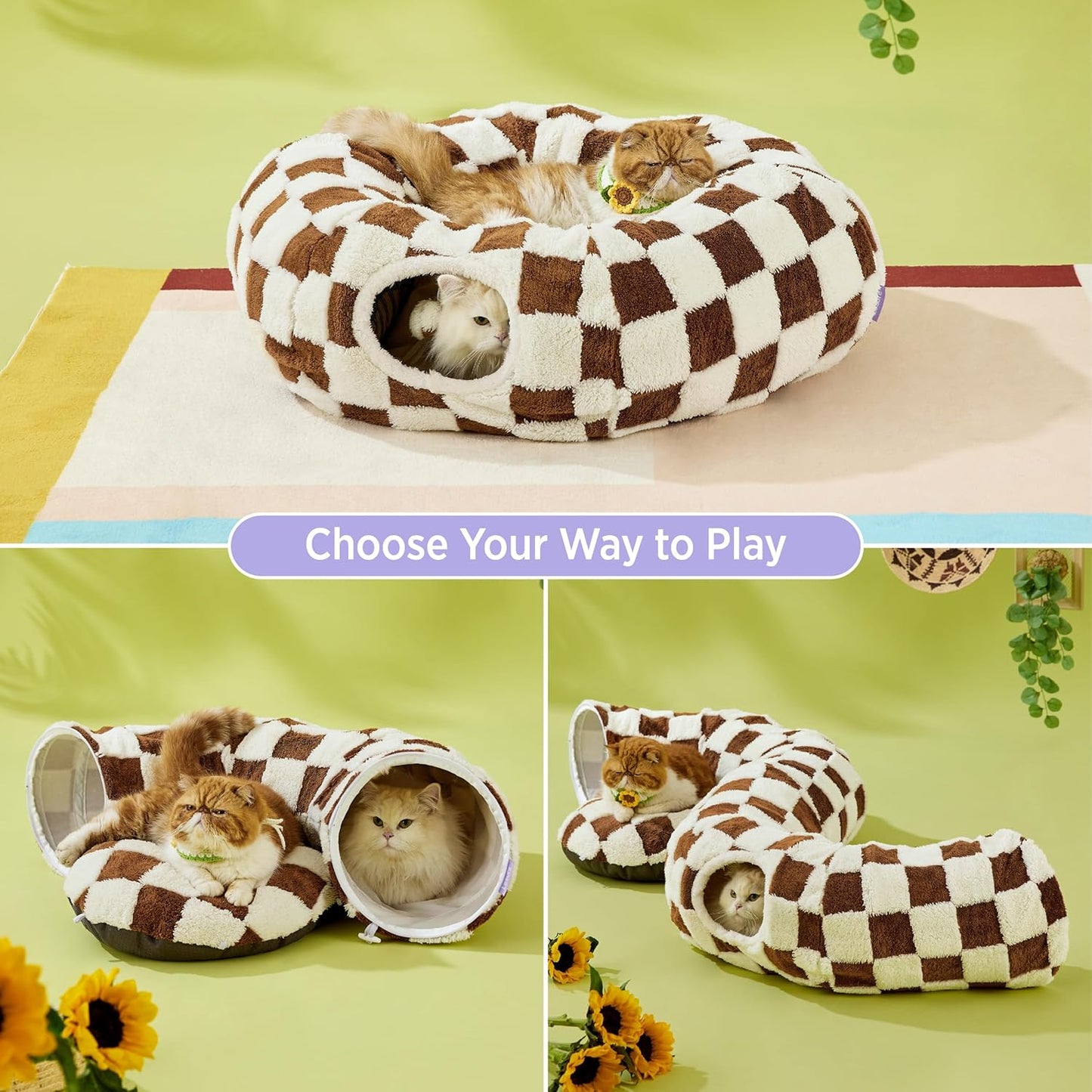 Lesure Cat Tunnel Bed for Indoor Cats - Cute Cat Donut Tunnel Toys for Small Large Cats with Washable Circle Cushion, Round Pet Peekaboo Cave Toy for Kitten/Puppy/Rabbit, Standard Brown - Pet Explorer