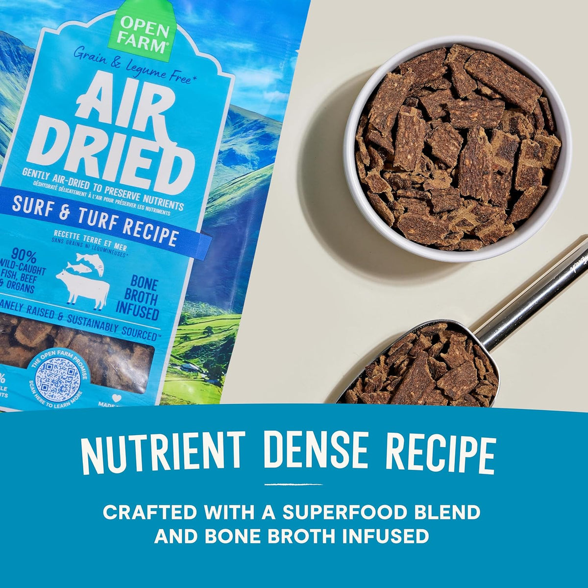 Open Farm, Air Dried Dog Food Infused with Bone Broth, Grain & Legume Free, Complete Meal or Food Topper, Surf & Turf Recipe, 2lb Bag