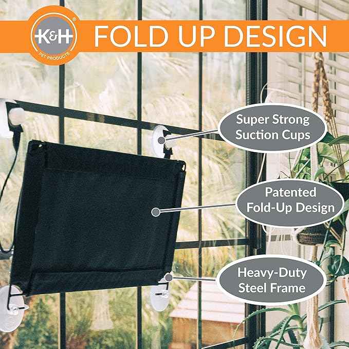 K&H Pet Products EZ Mount Double Stack Cat Window Perch for Large Cats, Sturdy Window Hammock Bed, Steel Frame, Sturdy Suction Cups, 2 Washable Shelf Covers, Foldable - Fits 27"W X 31"H Glass Spaces