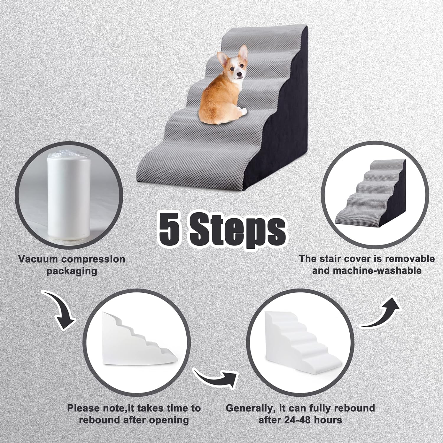 Curved Dog Stairs 24 inches High, Dog Ramp Stairs for Small Dogs for High Beds 20-25 inches Tall, 30D Foam Dog Steps for Beds 24 inches, Pet Stairs/Steps for Old Dogs Cats, Grey - Pet Explorer