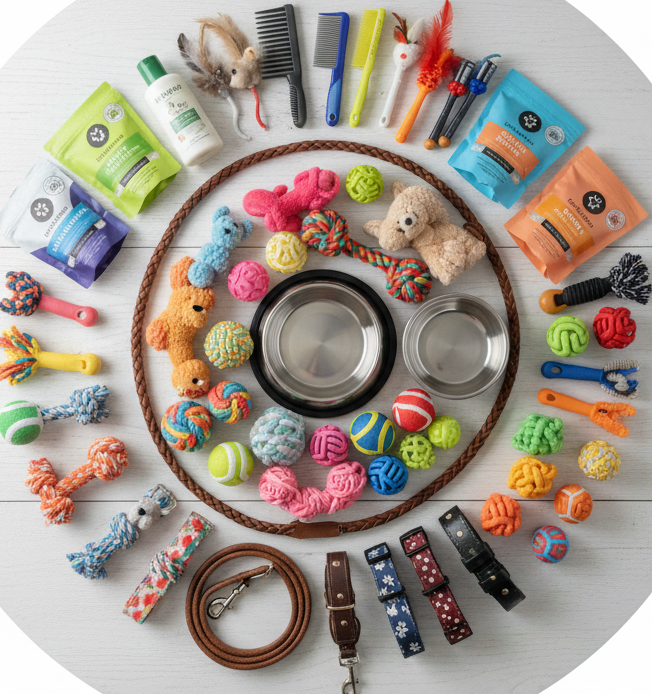 circle photo of pet supplies, make a real photo