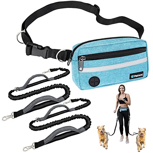Hands Free Dog Leash Waist Belt Bag Fanny Pack (Turquoise / 2 Leashes)