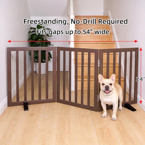 Freestanding Indoor Dog Gate for House Foldable Wood Puppy Gate for Doorways Pet Gate for Stairs Extra Wide Pet Fence (Brown / 【3 Panels】60''w x 24''h)