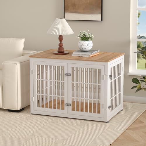 38" Heavy Duty Dog Crate Furniture for Large and Medium Dogs (White + Natural / 38.3"L x 25.4"W x 27.7"H)