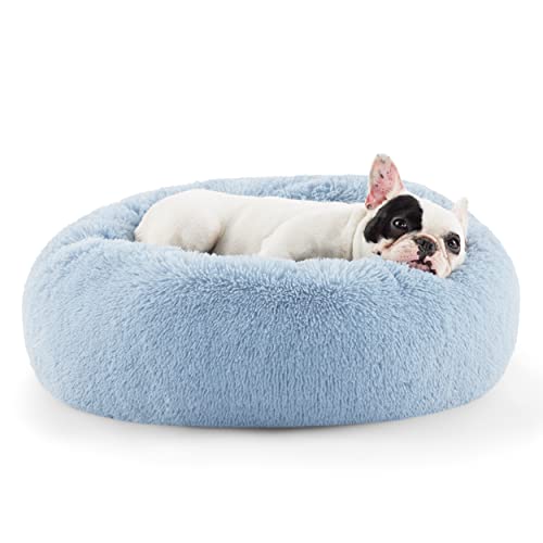 Calming Small Dog Bed Donut Washable Cat＆Puppy Bed (23"L x 23"W x 8"Th / Light Blue)