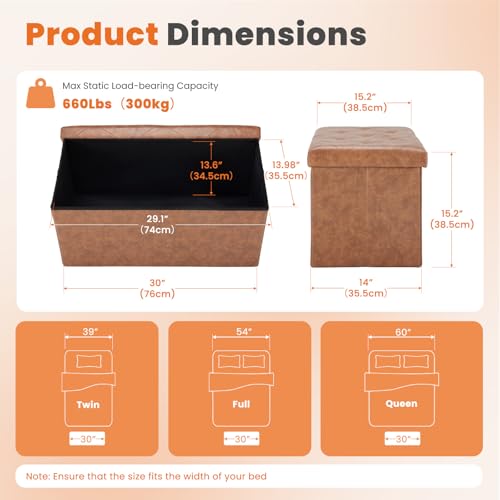 30 Inch Folding Storage Ottoman Bench (Brown / 15.2"D x 30"W x 15.2"H)