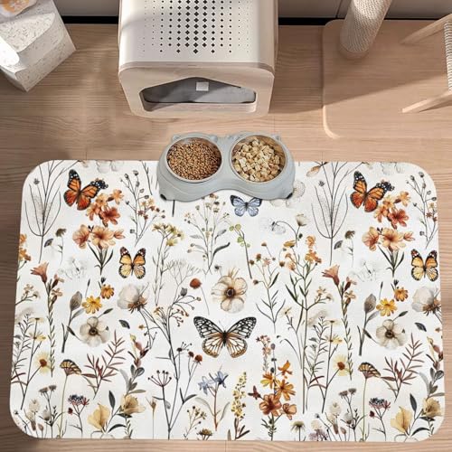 Wildflower Butterfly Dog Food Mat Waterproof Pet Cat Placemat (Wildflower Butterfly / 17.7"L x 17.7"W)