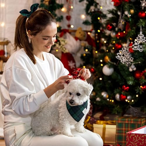 Christmas Blue Green Plaid Dog Bandanas Matching Scrunchie Small (03-plaid green / Small-set of 1)