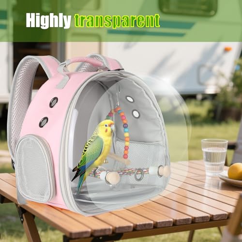 Portable Parrot Travel Cage Carrier with Small Swing Toy&Cage Colorful Toys Set Small Bird Parakeet Bag with Standing Perch Bird Carry Transport Bag (Pink / Backpack/swing)