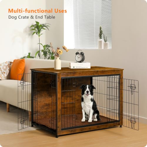 38.5" XL Dog Crate Furniture with Cushion (Rustic Brown / 38.5"L x 25.6"W x 26.8"H)