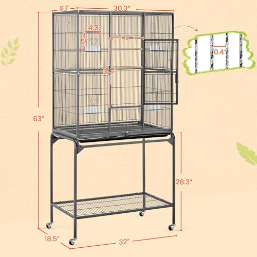 63'' Detachable Parrot Cage for Cockatiel Sun Parakeet Green Cheek Conure Lovebird Budgie Finch Bird Cage with Stand