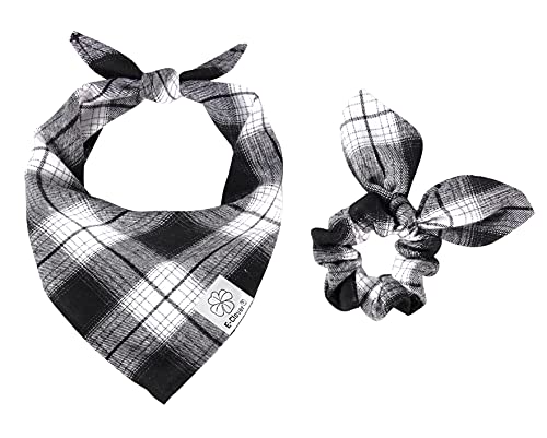 White Black Plaid Dog Bandanas Matching Dog Bandana and Scrunchie (Golden,White / Large)