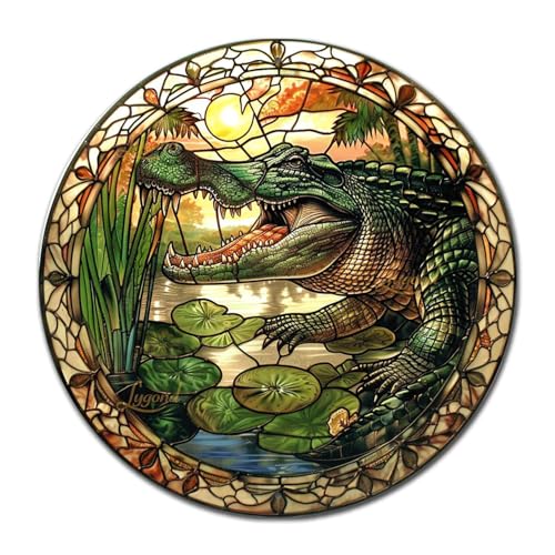 Metal Sign Tin Sign Circular Stained Glass Alligator Tin Signs for Garden for Pub 8×8 Inches (8×8 Inches / Alligator)
