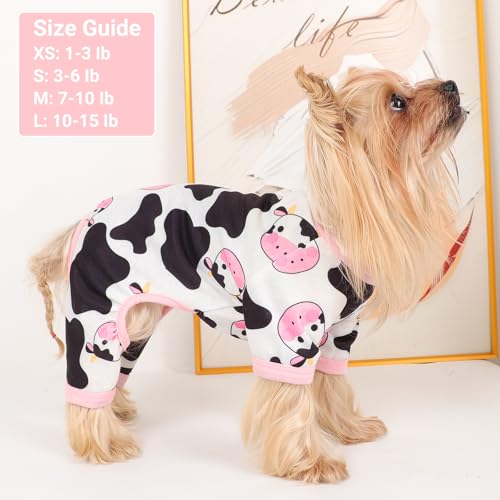Dog Pajamas Small Sized Dogs Stretchable Summer Dog Clothes Pjs 4 Legs Girl Boy Cute Soft Puppy Outfits Doggie Cat Jammies Jumpsuit Sleeper for Pet (Pink Cow / X-Small (Chest 11in ))