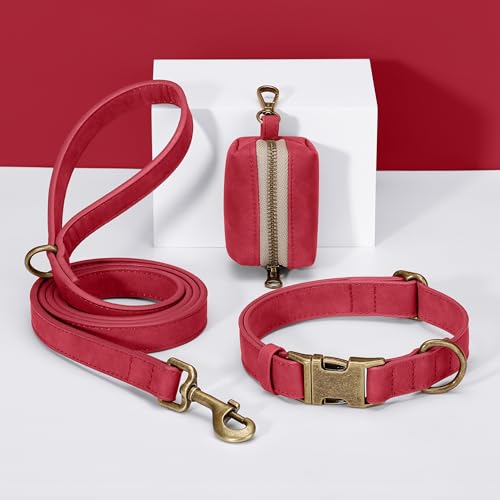 Soft PU Leather Dog Collar for Large Dogs (L：Fit 16-22" Neck, Width 1" / Red)