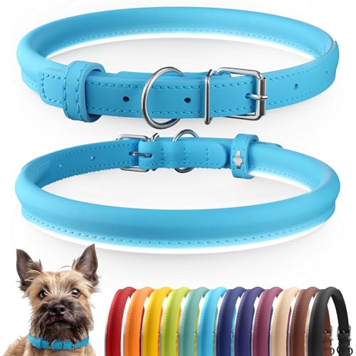 Tangle Free Reflective Leather Dog Collar (Light Blue / S)