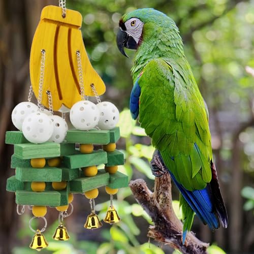 Large Parrot Hanging Swing Toy Bells Chew Toy Colorful Hanging Wood Block Parrot Macaw African Greys Cockatiels Budgies Conure Banana Shape Natural Birds Cage Hanging Toy (Banana)