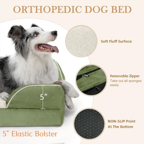 Orthopedic Dog Bed for Extra Large Dogs with Bolster (53.0"L x 42.0"W x 8.5"Th / Light Green)