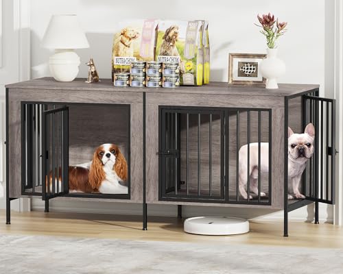 55.12" Dog Crate Furniture for 1 or 2 Dogs (Oak Grey / 55.12"L x 20.47"W x 26.18"H)