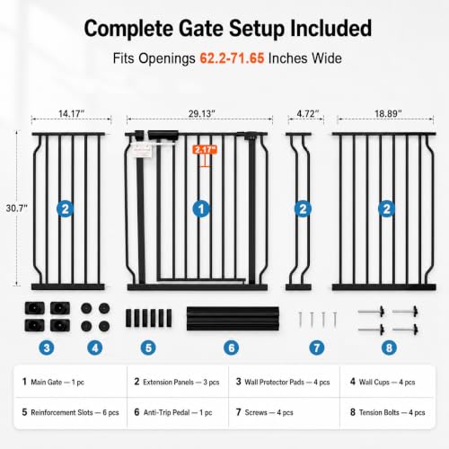 62.2 71.65 Inch Extra Wide Baby Gate for Indoor Stairs and Doorways (Black / 62.2"-71.65")