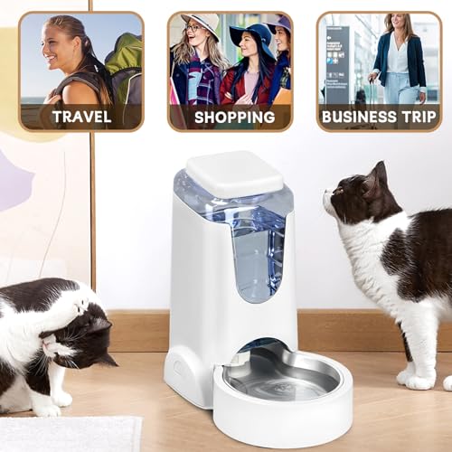 Automatic Cat Feeder and Water Dispenser with Stainless Steel Bowl Dog Gravity Food Feeder and Waterer for Small Medium Pets Puppy Kitten 1 Gallon x 2 (White)