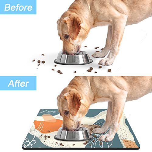 Dog Food Mat 12" x 19" Boho Absorbent Dog Cat Bowl Mat for Food and Water (Boho Abstract Leaves / 12"L x 19"W)