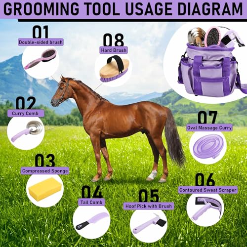 9 Pcs Horse Grooming Kit Tack Room Supplies (Classic / Purple)