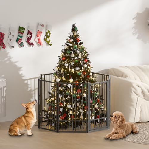Full Metal Freestanding Dog Gate with Door (【8 Panels】160"W*36H" / Black)