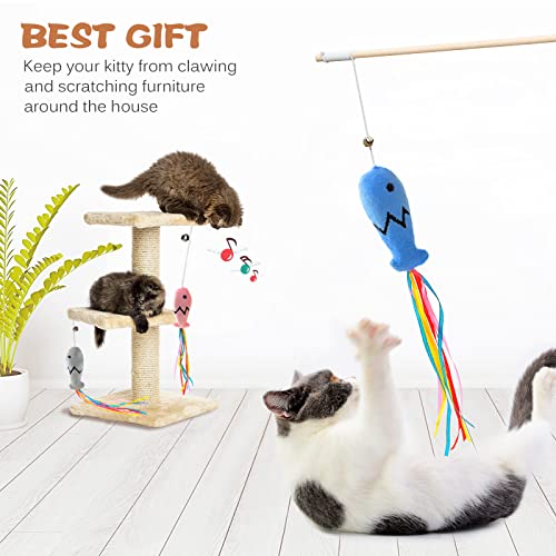 Natural Wood Cat Wand Toy with Ribbon Fish Teaser