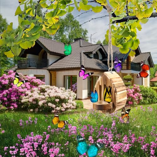 Butterfly House Wooden Habitat Natural Nesting Box Garden House with Feeder Hanging for Bee Butterfly Ladybirds for Garden Outside (Type A)