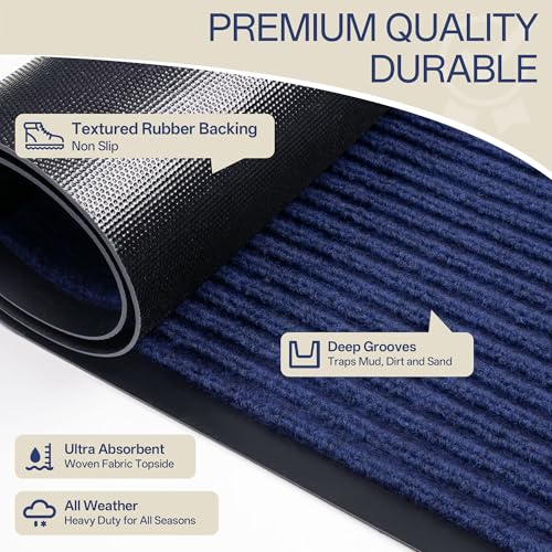 Front Door Mat Outside Entrance (Blue Striped / 4' x 8' (Rectangular))