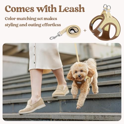 Dog Harness Medium Sized and Leash Set (Brown & Beige / L (chest: 18.2 - 20.5"))
