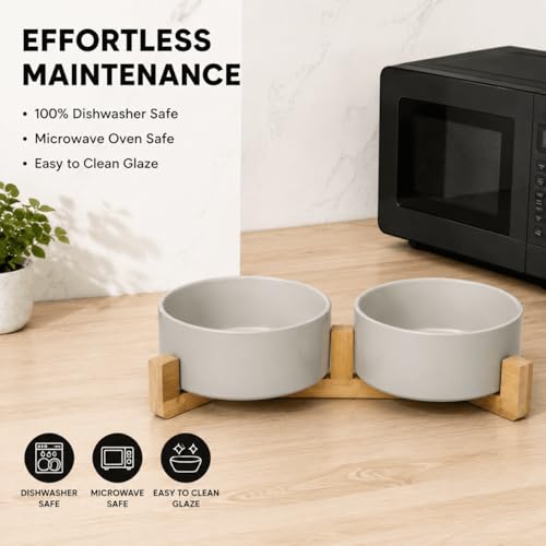 Ceramic Dog and Cat Bowl Set with Wooden Stand (5 cups / Grey × 2)