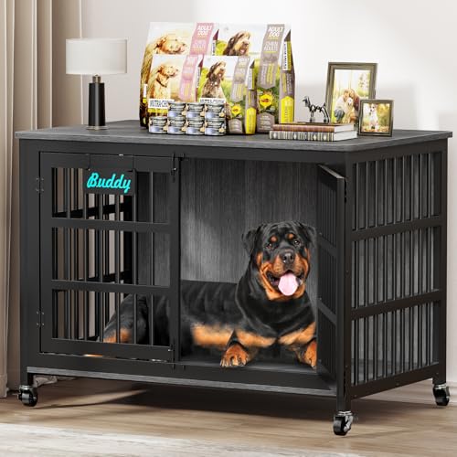 46"/43"/32" XXL Heavy Duty Dog Crate Furniture with Casters (46.14"L x 28.78"W x 35"H / Dark Grey)