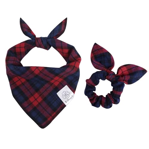 Red Blue Plaid Dog Bandanas Girl Matching Scrunchie Medium Large (Blue,Golden,Red / Large-set of 1)