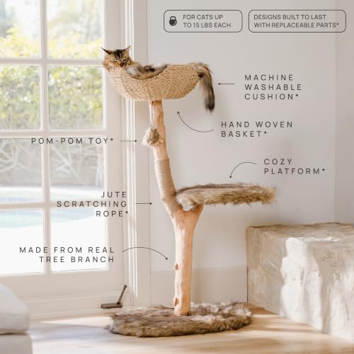 Mau Modern Wood Cat Tree Tower with Scratching Post (Brown)