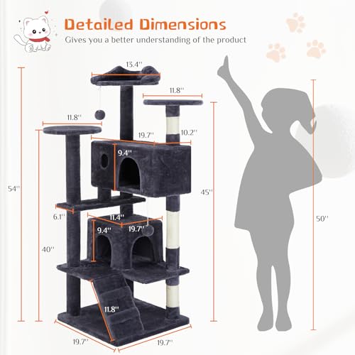 54 Inch Cat Tree Tower with Scratching Post (Grey / 54*19.7*19.7IN)