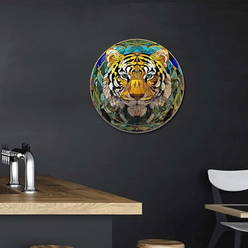 Metal Sign Tin Sign Circular Stained Glass Tigle Tin Signs Gardening for Pet 8×8 Inches (8×8 Inches / Tigle-1)