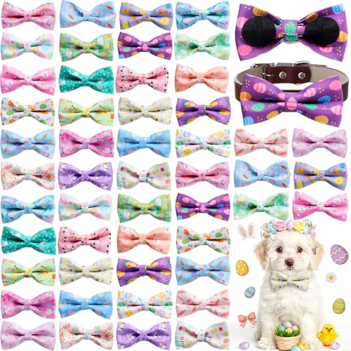 50 Pcs Spring Dog Collar Bowties Rabbits Chicks Eggs Carrots Collar Dogs Accessories Attachment with Elastic Bands Detachable Charms for Pets Holiday Costume Photo Props Accessories Shops (Easter)