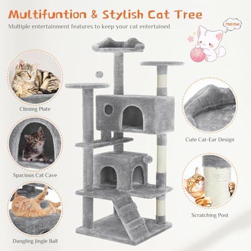 54 inch Cat Tree Tower with Scratching Posts (Light Grey / 54*20*20IN)
