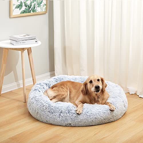 Calming Fluffy Donut Dog Bed for Large Dogs (36.0"L x 36.0"W x 8.0"Th / Light Blue)