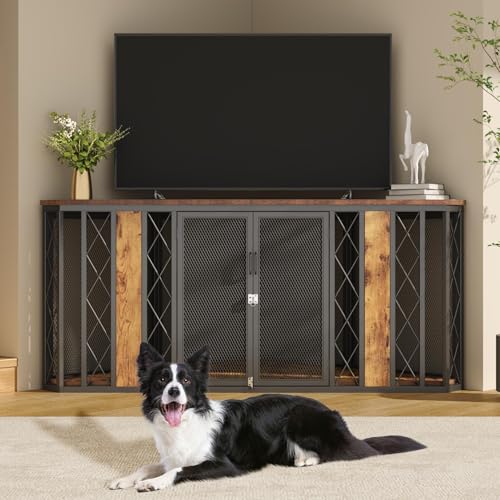 Corner Dog Crate Furniture for Medium to Large Dogs (Brown / 66.9"L x 36.8"W x 29.4"H)