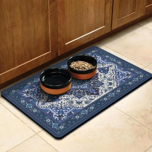 Pet Feeding Mat for Floors Waterproof Dog Mat for Food and Water Absorbent Quick Dry Non Slip mat for Cat Bowls (30"L x 17"W / BlueBoho)