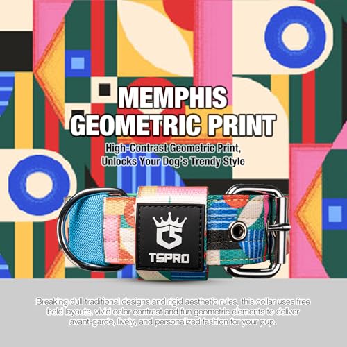 Heavy Duty Thick Dog Collar with Metal Buckle for Medium Dogs (M – Fits Neck 15.8"-18.9" / Memphis Geometric Print)
