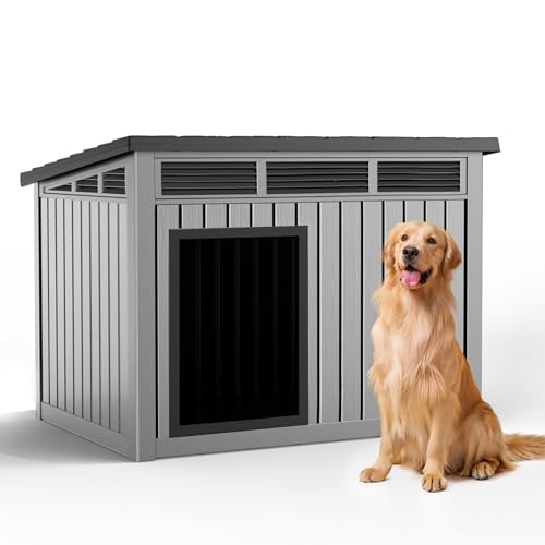 Dog House Weatherproof Resin Outdoor Dog House for Large Dogs (Grey and Black / 42.87*32.95*31.61)