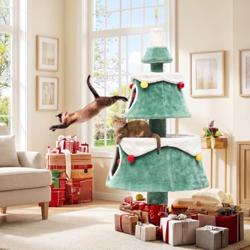 63" Christmas Cat Tree with 2 (Green+White / 63in)