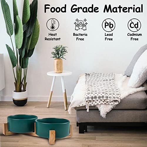 Dog Bowls Green Ceramic Cat Dog Bowl Set with Stand for Food and Water Feeder (Deep Green / 400ML*2)