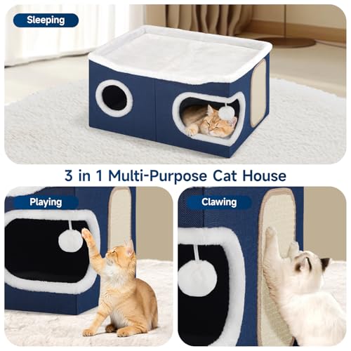 Extra Large Cat House Bed for Multi Cats with Scratch Pad Blue (Blue / Extra Large)