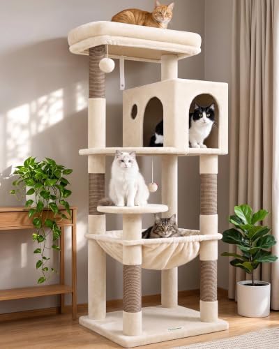 Cat Tree Tower with Scratching Post for Indoor Cats (Beige / L)